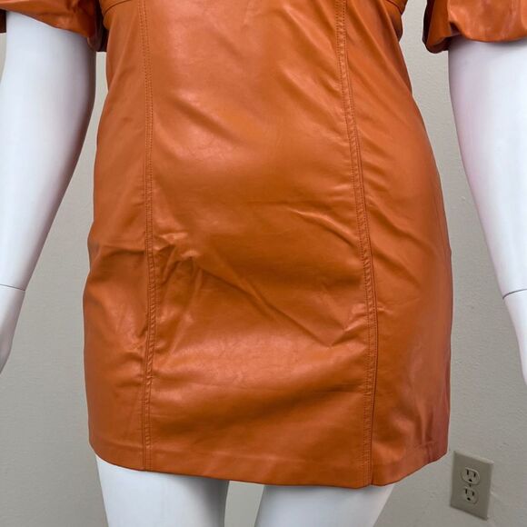 Lulus Play a Tune Size L Rust Orange Vegan Leather Puff Sleeve Mini Party Dress - Picture 4 of 12